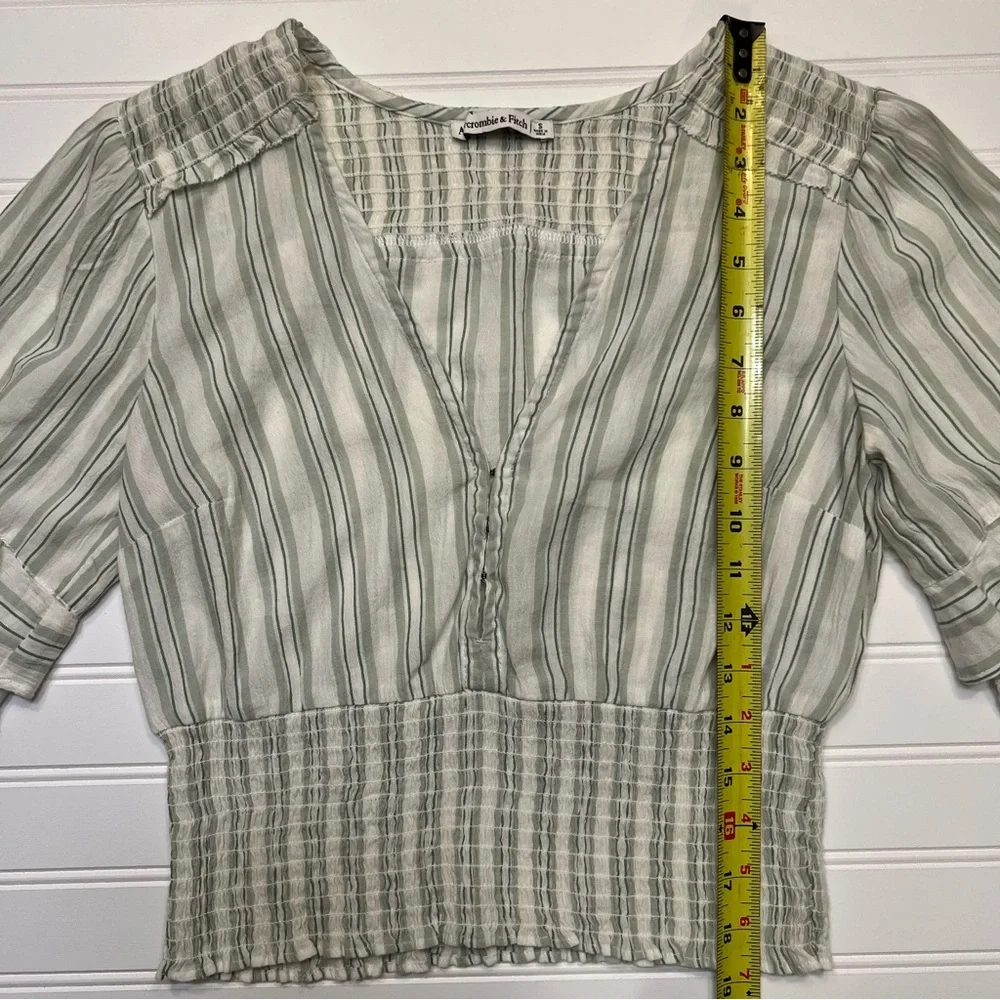 Abercrombie & Fitch White & Green Striped Half Sleeve‎ Ruffled Cropped Blouse S
